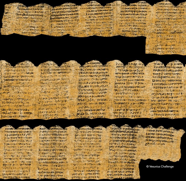 Erste Abschnitte eines aufgerollten, verkohlten Papyrus aus Herculaneum von AI entziffert
